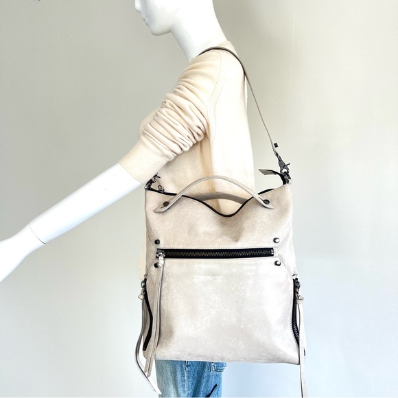 BOTKIER Logan Smooth Light Gray Leather Zip Detailed Hobo Shoulder Bag Tote - Picture 2 of 16